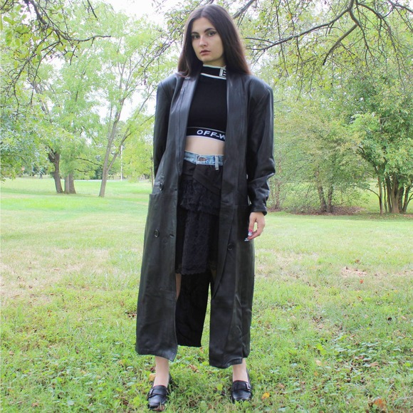 Vintage 90s Leather Trench Coat by Sabrina - Picture 2 of 11